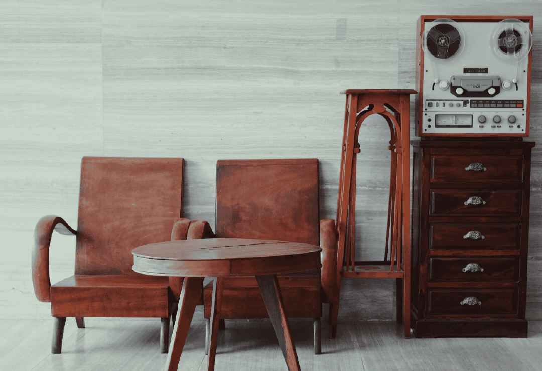 Vintage record player and chairs at Wellington Presbyterian Church.